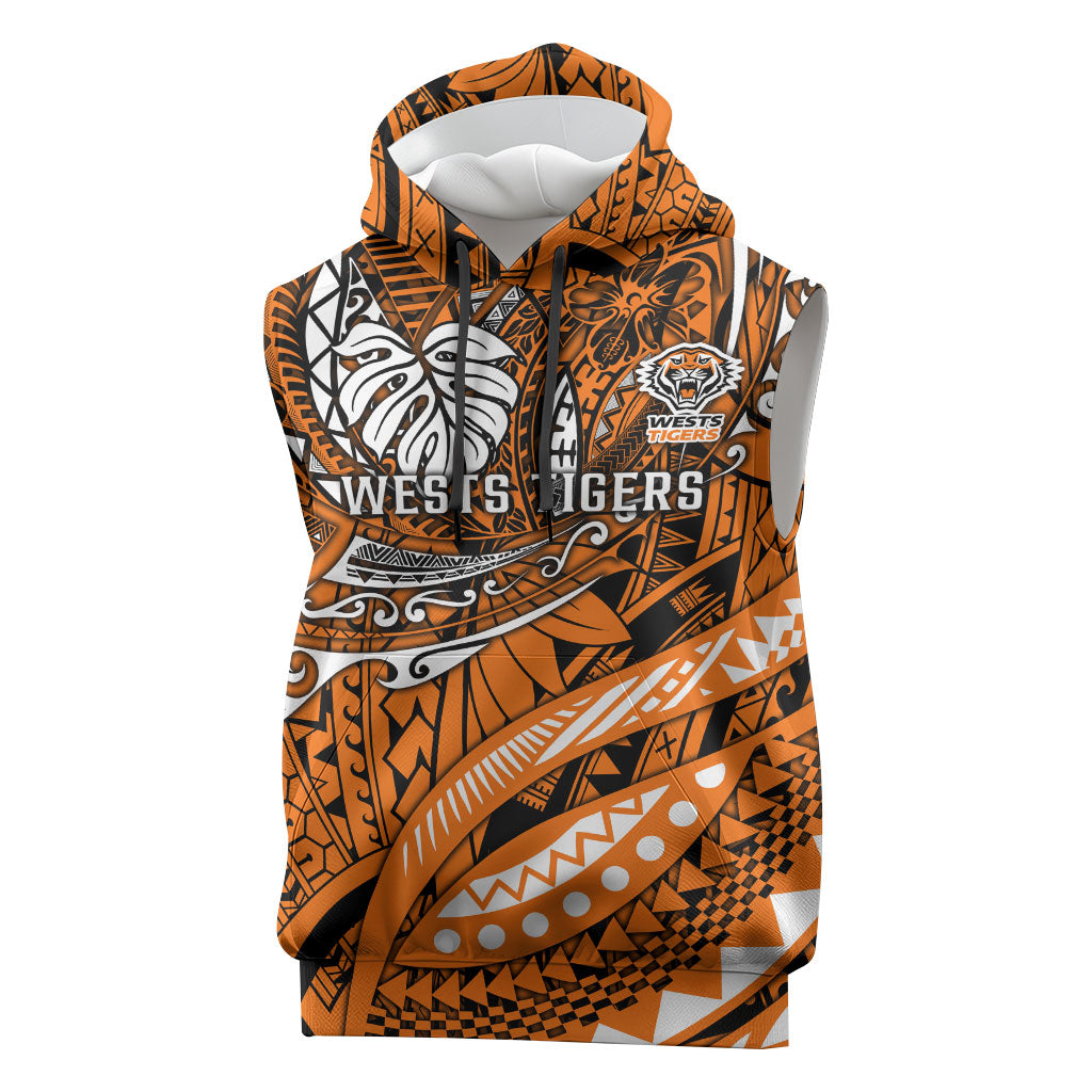 Personalised Wests Tigers Sleeveless Hoodie Polynesian Tribal Art Style With Powerful Tiger Mascot
