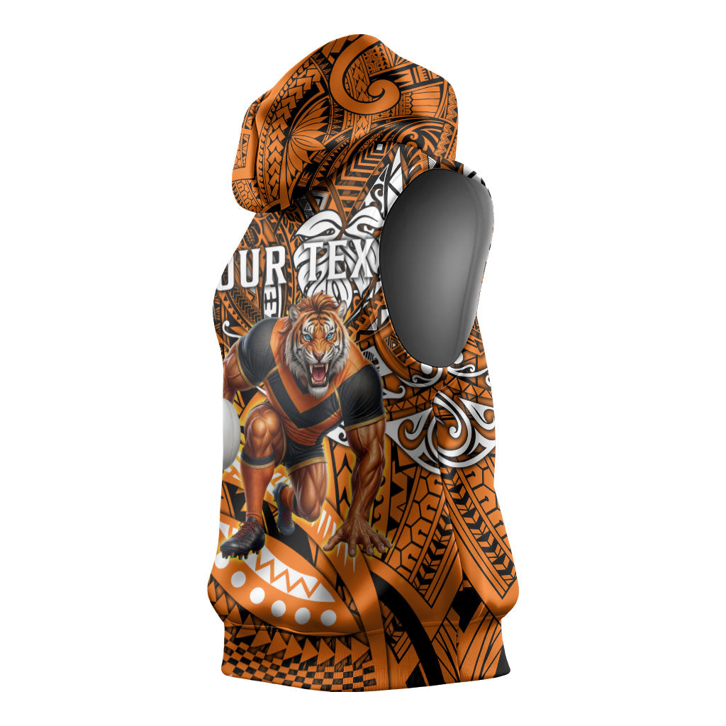 Personalised Wests Tigers Sleeveless Hoodie Polynesian Tribal Art Style With Powerful Tiger Mascot