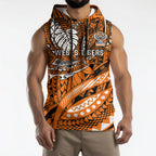 Personalised Wests Tigers Sleeveless Hoodie Polynesian Tribal Art Style With Powerful Tiger Mascot