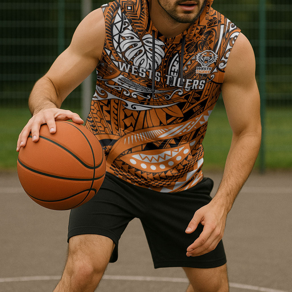 Personalised Wests Tigers Sleeveless Hoodie Polynesian Tribal Art Style With Powerful Tiger Mascot