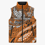 Personalised Wests Tigers Sleeveless Puffer Jacket Polynesian Tribal Art Style With Powerful Tiger Mascot