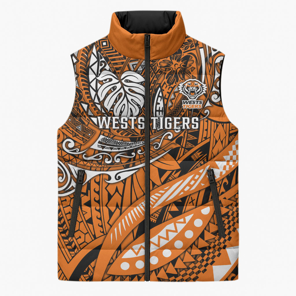 Personalised Wests Tigers Sleeveless Puffer Jacket Polynesian Tribal Art Style With Powerful Tiger Mascot