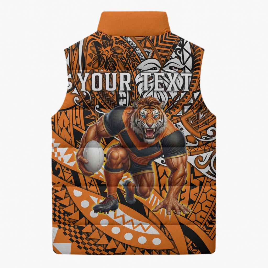 Personalised Wests Tigers Sleeveless Puffer Jacket Polynesian Tribal Art Style With Powerful Tiger Mascot