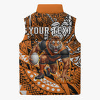 Personalised Wests Tigers Sleeveless Puffer Jacket Polynesian Tribal Art Style With Powerful Tiger Mascot