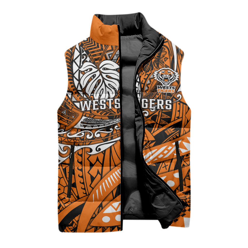 Personalised Wests Tigers Sleeveless Puffer Jacket Polynesian Tribal Art Style With Powerful Tiger Mascot