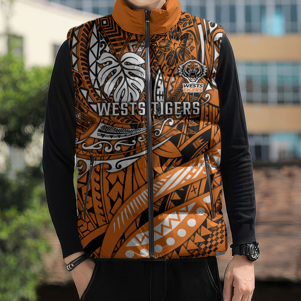 Personalised Wests Tigers Sleeveless Puffer Jacket Polynesian Tribal Art Style With Powerful Tiger Mascot