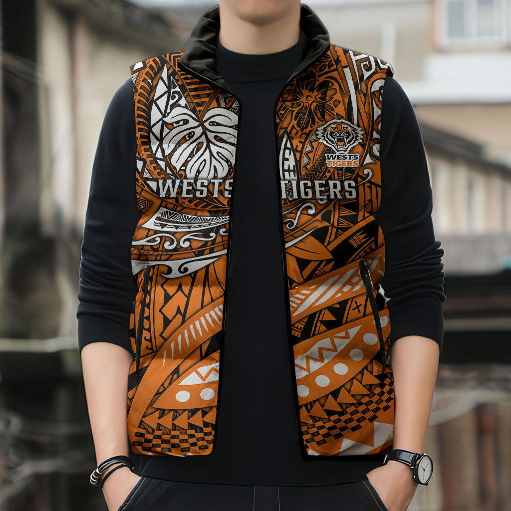 Personalised Wests Tigers Sleeveless Puffer Jacket Polynesian Tribal Art Style With Powerful Tiger Mascot