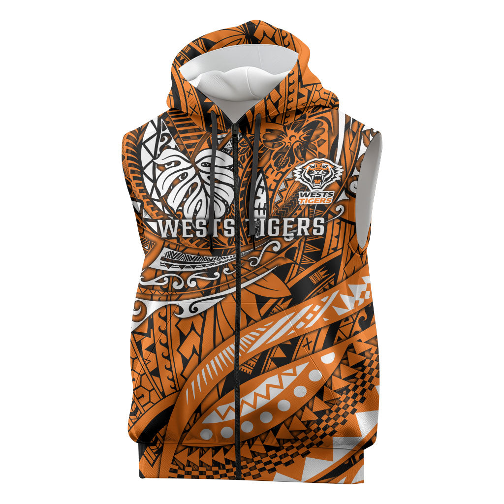 Personalised Wests Tigers Sleeveless Zip Hoodie Polynesian Tribal Art Style With Powerful Tiger Mascot