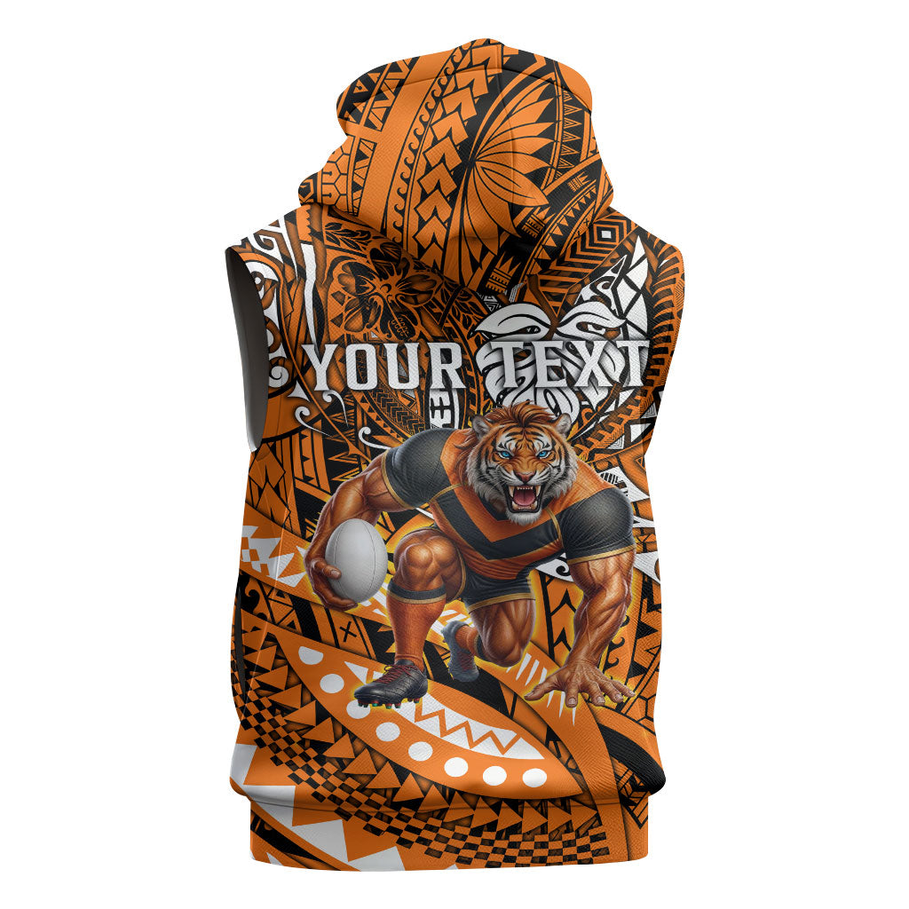 Personalised Wests Tigers Sleeveless Zip Hoodie Polynesian Tribal Art Style With Powerful Tiger Mascot
