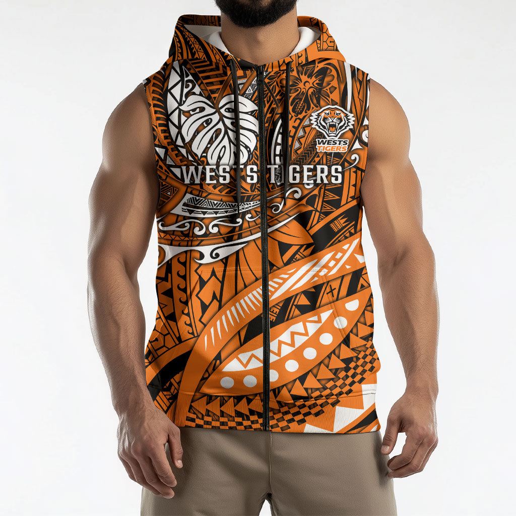 Personalised Wests Tigers Sleeveless Zip Hoodie Polynesian Tribal Art Style With Powerful Tiger Mascot