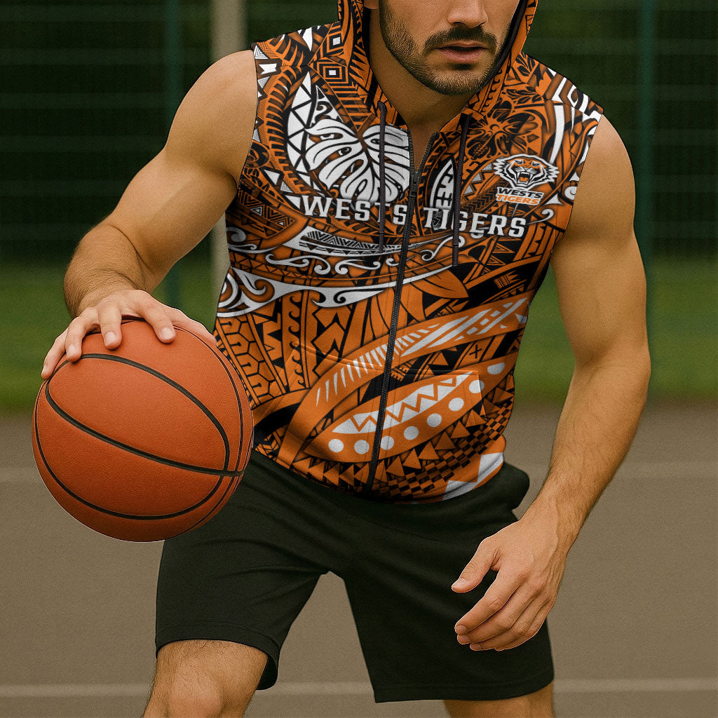 Personalised Wests Tigers Sleeveless Zip Hoodie Polynesian Tribal Art Style With Powerful Tiger Mascot