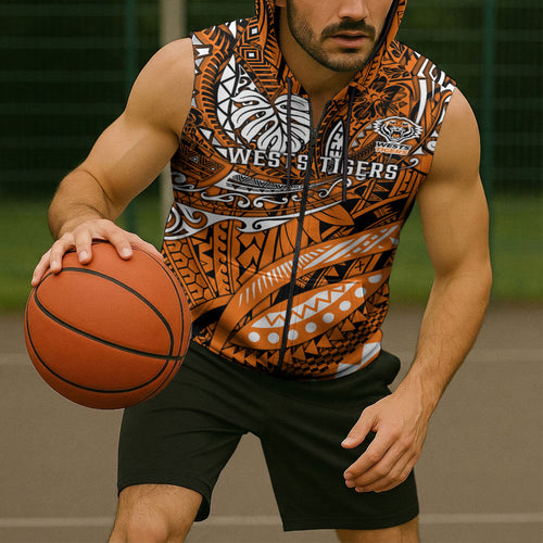 Personalised Wests Tigers Sleeveless Zip Hoodie Polynesian Tribal Art Style With Powerful Tiger Mascot