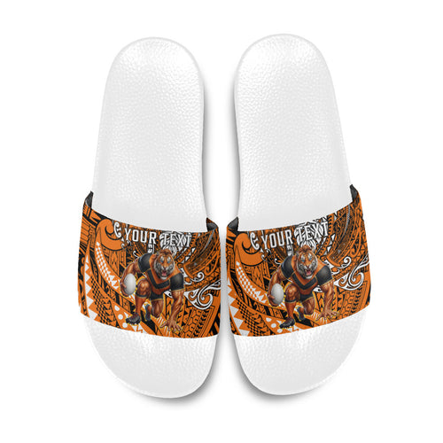 Personalised Wests Tigers Slide Sandals Polynesian Tribal Art Style With Powerful Tiger Mascot