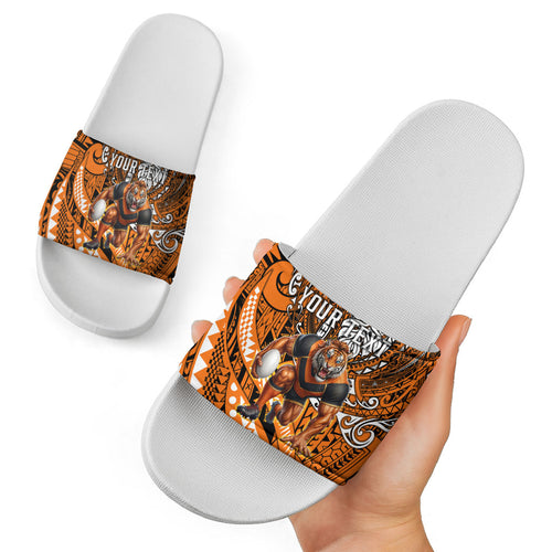 Personalised Wests Tigers Slide Sandals Polynesian Tribal Art Style With Powerful Tiger Mascot