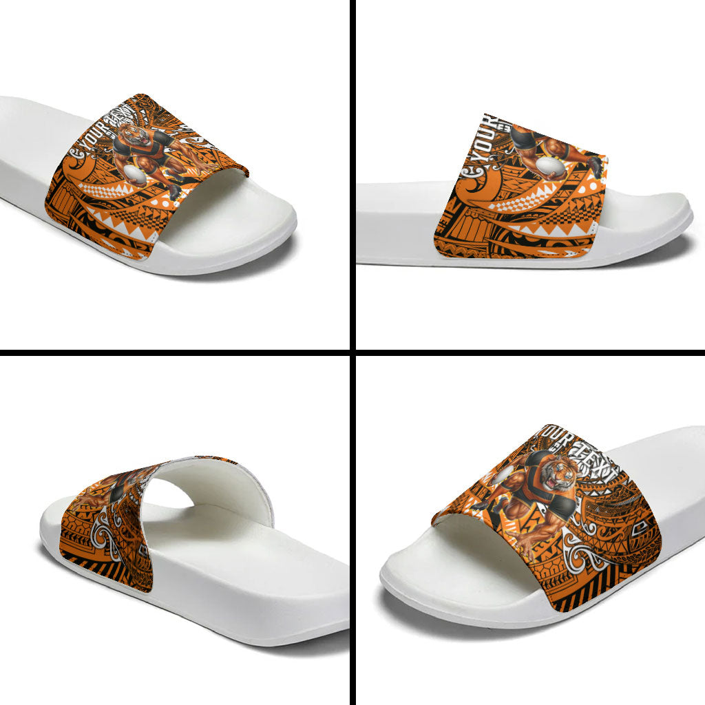 Personalised Wests Tigers Slide Sandals Polynesian Tribal Art Style With Powerful Tiger Mascot