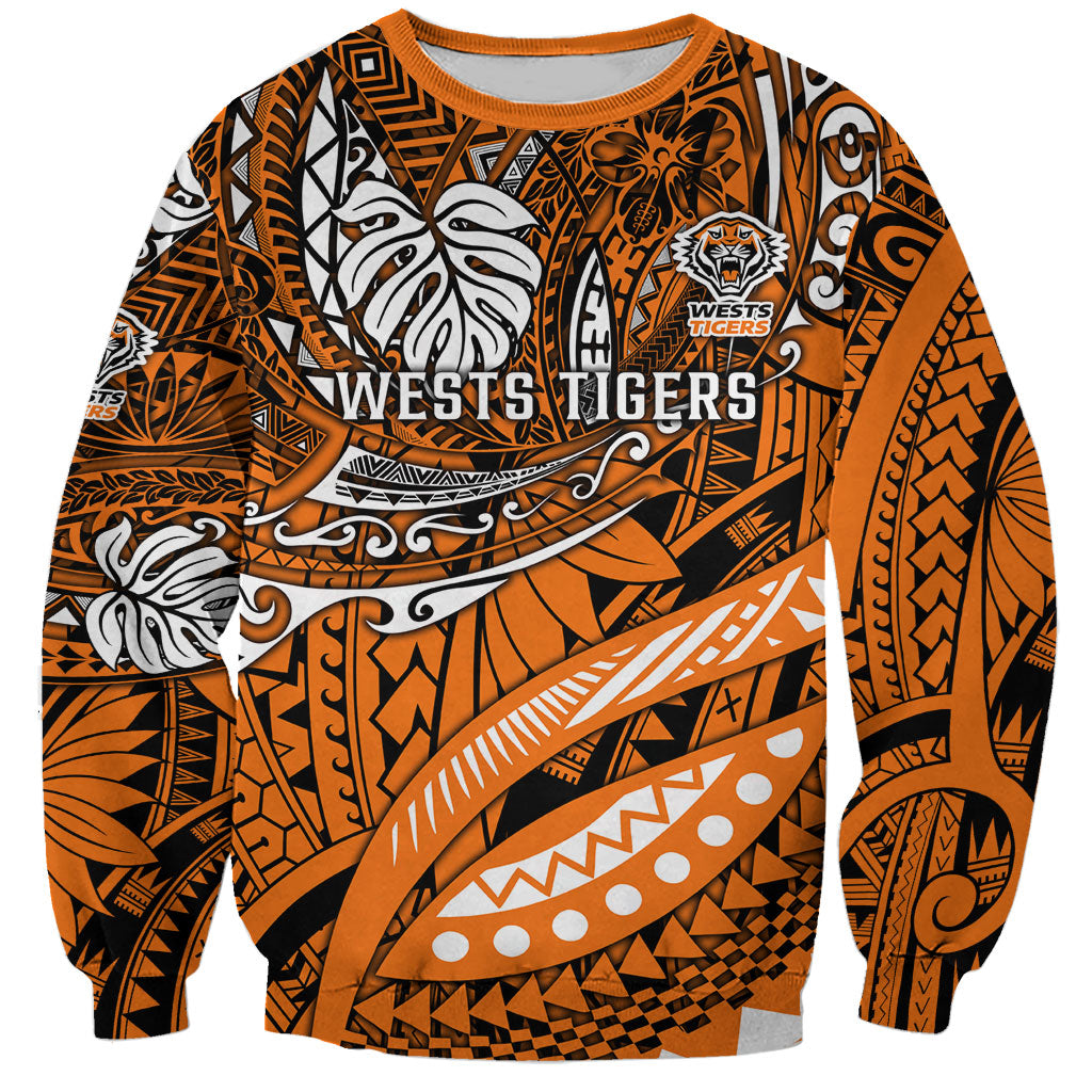 Personalised Wests Tigers Sweatshirt Polynesian Tribal Art Style With Powerful Tiger Mascot