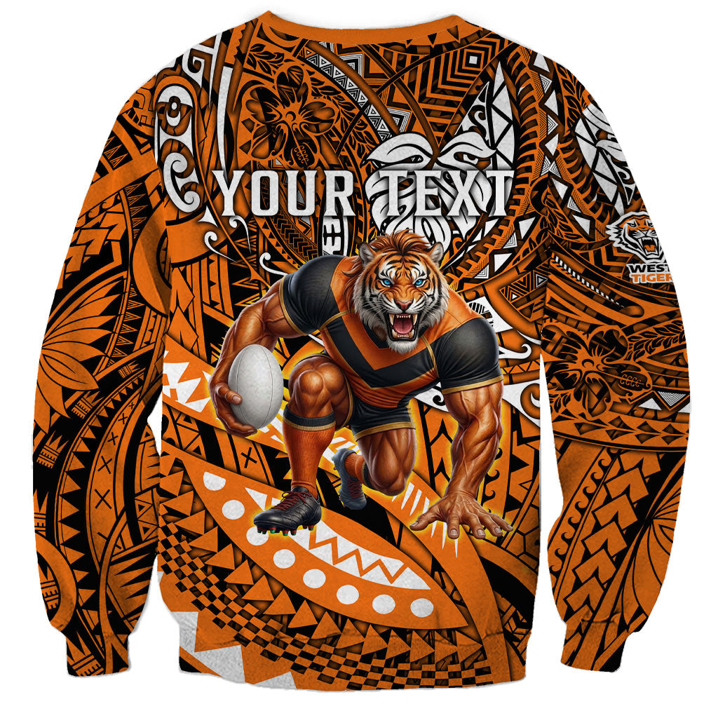 Personalised Wests Tigers Sweatshirt Polynesian Tribal Art Style With Powerful Tiger Mascot