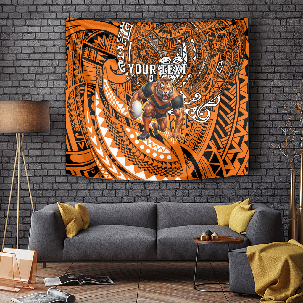 Personalised Wests Tigers Tapestry Polynesian Tribal Art Style With Powerful Tiger Mascot