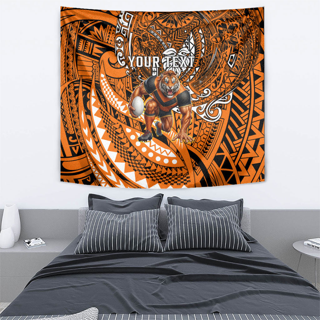 Personalised Wests Tigers Tapestry Polynesian Tribal Art Style With Powerful Tiger Mascot