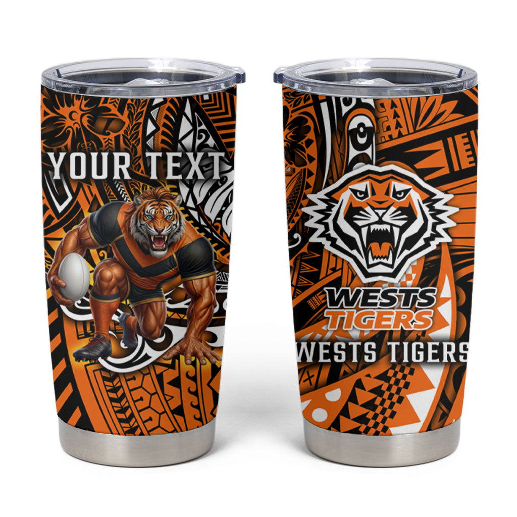 Personalised Wests Tigers Tumbler Cup Polynesian Tribal Art Style With Powerful Tiger Mascot