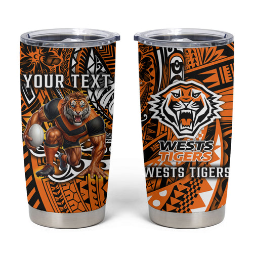 Personalised Wests Tigers Tumbler Cup Polynesian Tribal Art Style With Powerful Tiger Mascot