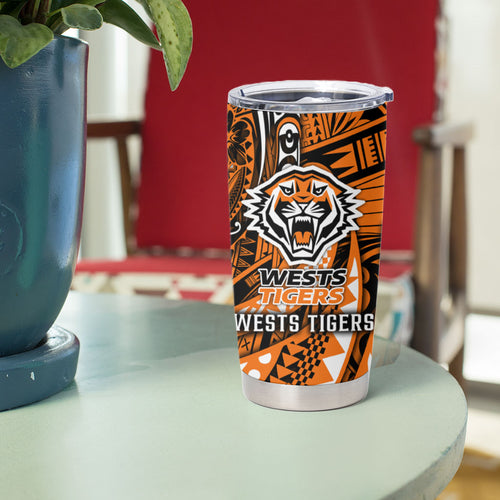 Personalised Wests Tigers Tumbler Cup Polynesian Tribal Art Style With Powerful Tiger Mascot