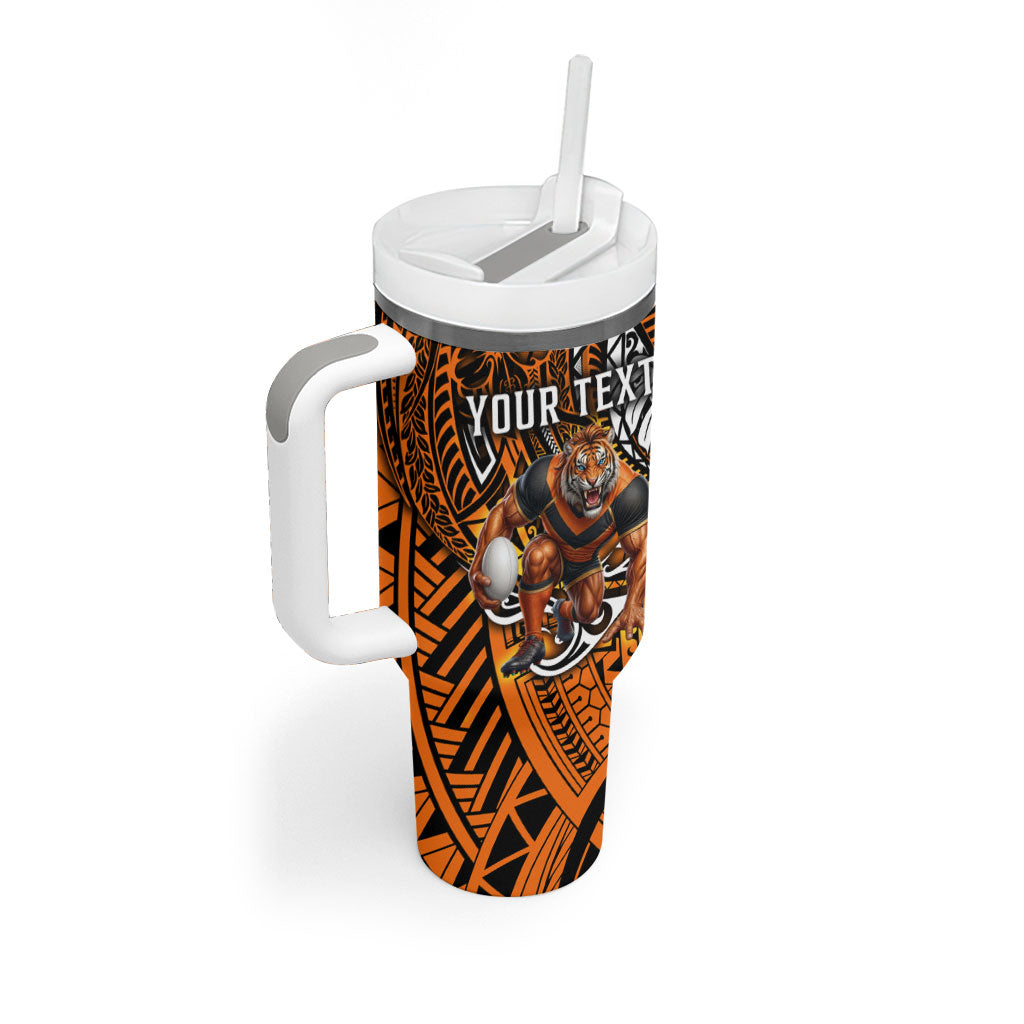 Personalised Wests Tigers Tumbler With Handle Polynesian Tribal Art Style With Powerful Tiger Mascot