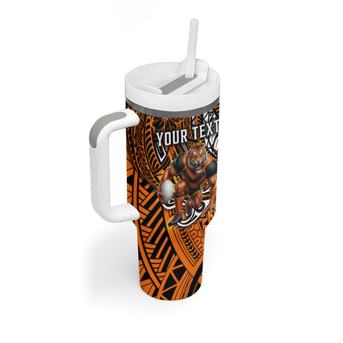 Personalised Wests Tigers Tumbler With Handle Polynesian Tribal Art Style With Powerful Tiger Mascot