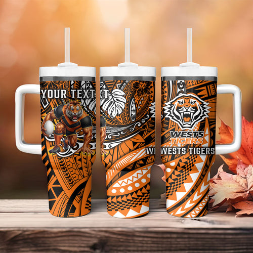 Personalised Wests Tigers Tumbler With Handle Polynesian Tribal Art Style With Powerful Tiger Mascot