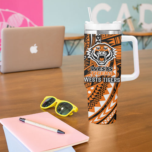 Personalised Wests Tigers Tumbler With Handle Polynesian Tribal Art Style With Powerful Tiger Mascot