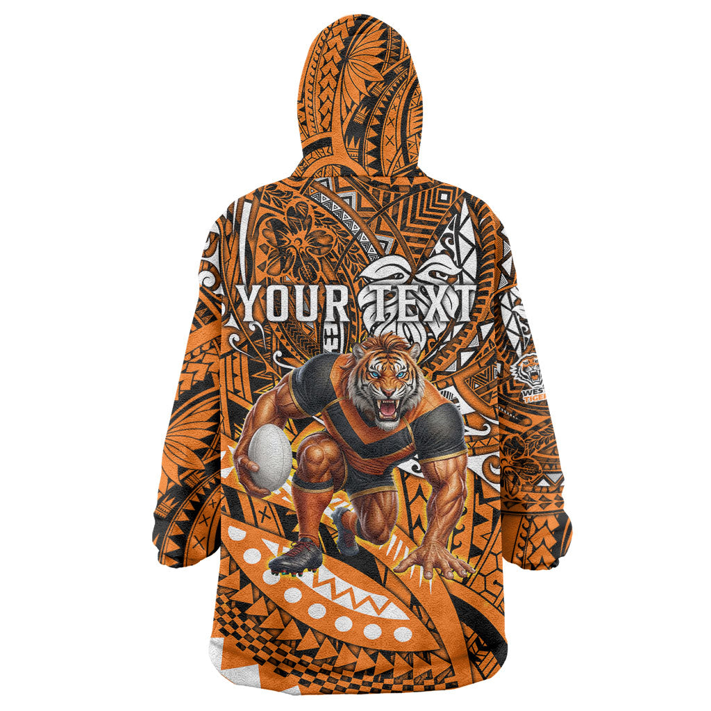 Personalised Wests Tigers Wearable Blanket Hoodie Polynesian Tribal Art Style With Powerful Tiger Mascot
