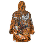 Personalised Wests Tigers Wearable Blanket Hoodie Polynesian Tribal Art Style With Powerful Tiger Mascot