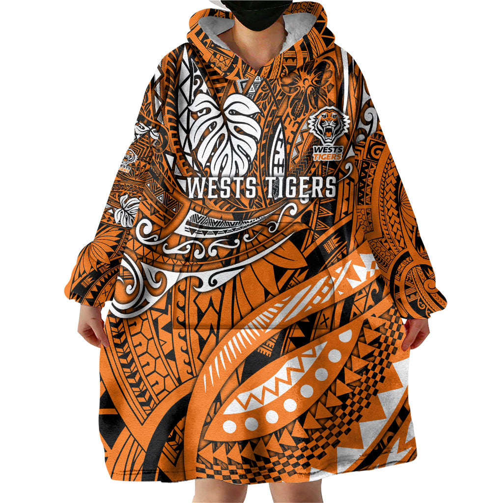Personalised Wests Tigers Wearable Blanket Hoodie Polynesian Tribal Art Style With Powerful Tiger Mascot