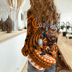 Personalised Wests Tigers Women Casual Shirt Polynesian Tribal Art Style With Powerful Tiger Mascot