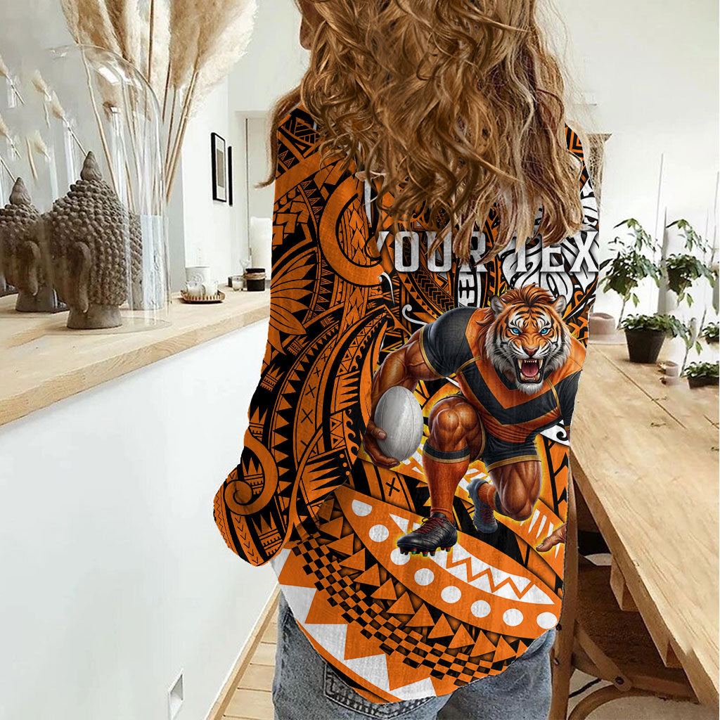 Personalised Wests Tigers Women Casual Shirt Polynesian Tribal Art Style With Powerful Tiger Mascot