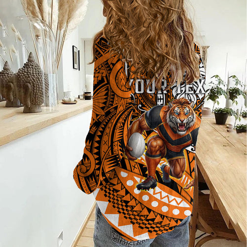 Personalised Wests Tigers Women Casual Shirt Polynesian Tribal Art Style With Powerful Tiger Mascot