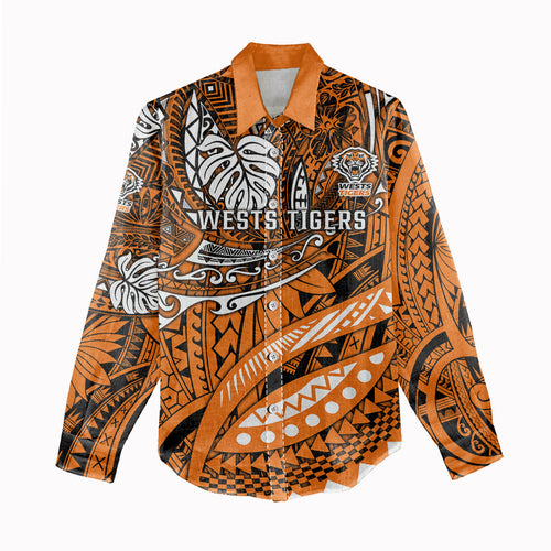 Personalised Wests Tigers Women Casual Shirt Polynesian Tribal Art Style With Powerful Tiger Mascot