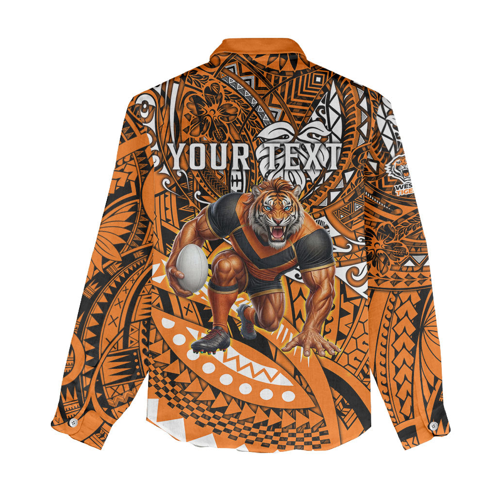 Personalised Wests Tigers Women Casual Shirt Polynesian Tribal Art Style With Powerful Tiger Mascot