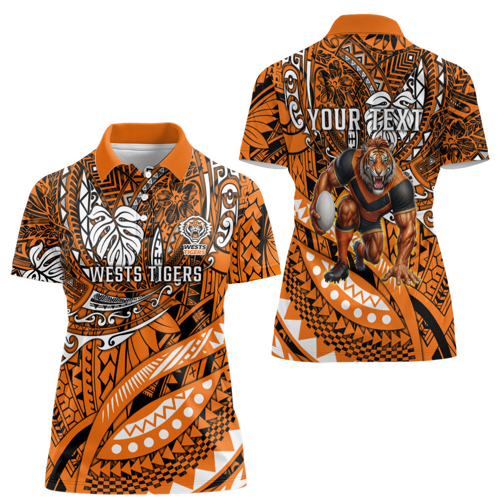 Personalised Wests Tigers Women Polo Shirt Polynesian Tribal Art Style With Powerful Tiger Mascot