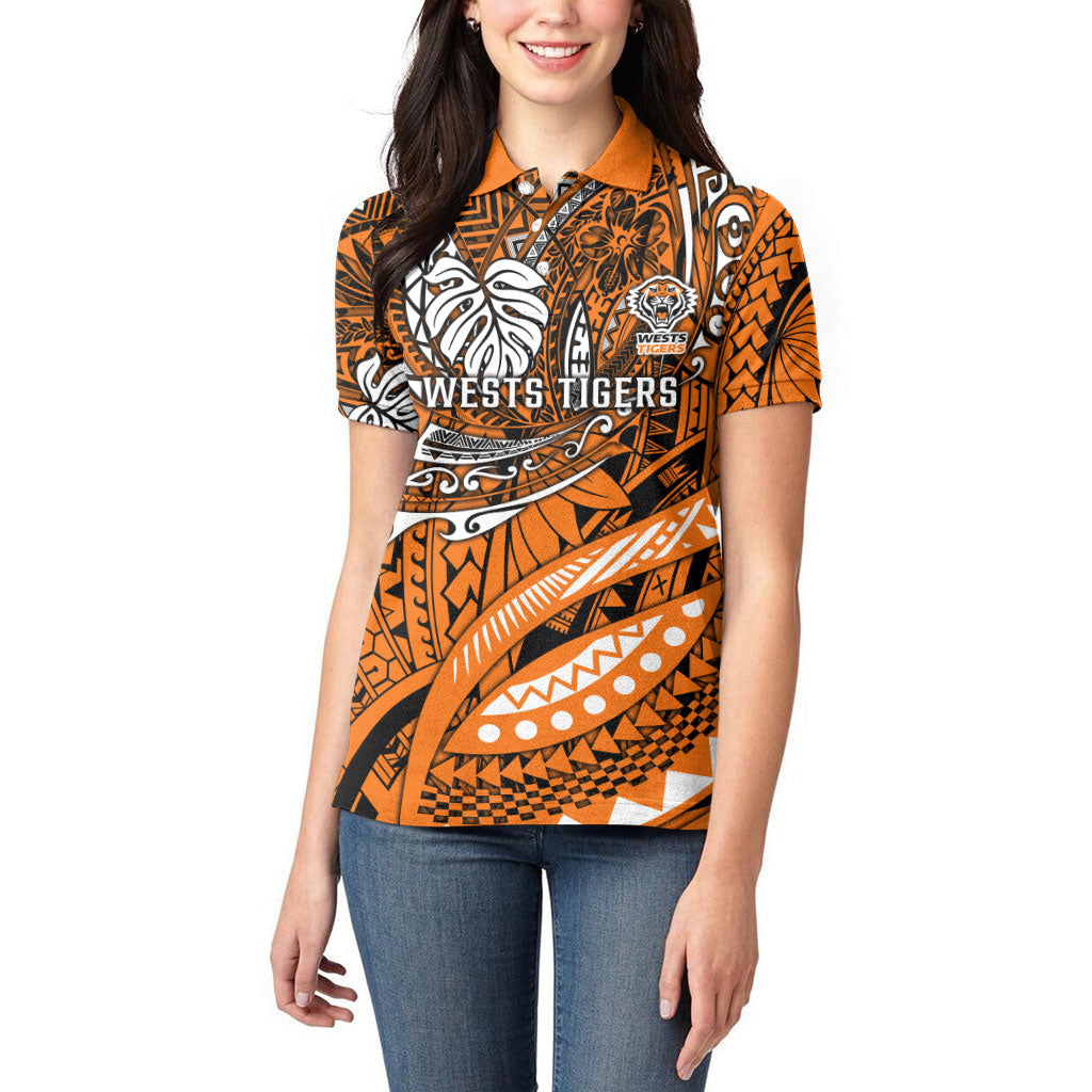 Personalised Wests Tigers Women Polo Shirt Polynesian Tribal Art Style With Powerful Tiger Mascot