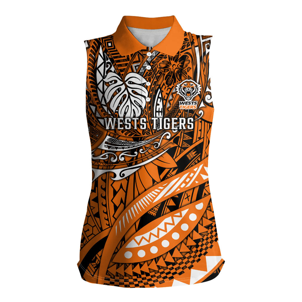 Personalised Wests Tigers Women Sleeveless Polo Shirt Polynesian Tribal Art Style With Powerful Tiger Mascot