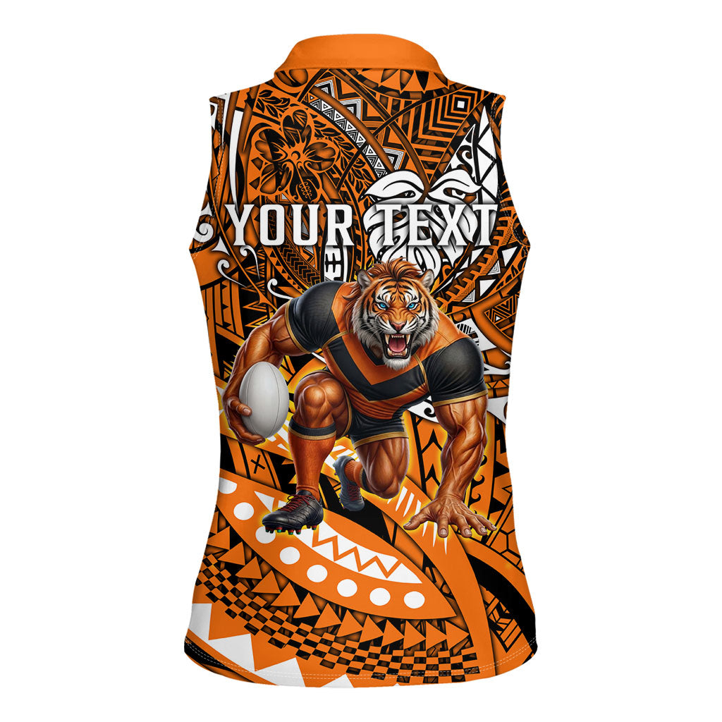 Personalised Wests Tigers Women Sleeveless Polo Shirt Polynesian Tribal Art Style With Powerful Tiger Mascot