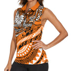 Personalised Wests Tigers Women Sleeveless Polo Shirt Polynesian Tribal Art Style With Powerful Tiger Mascot