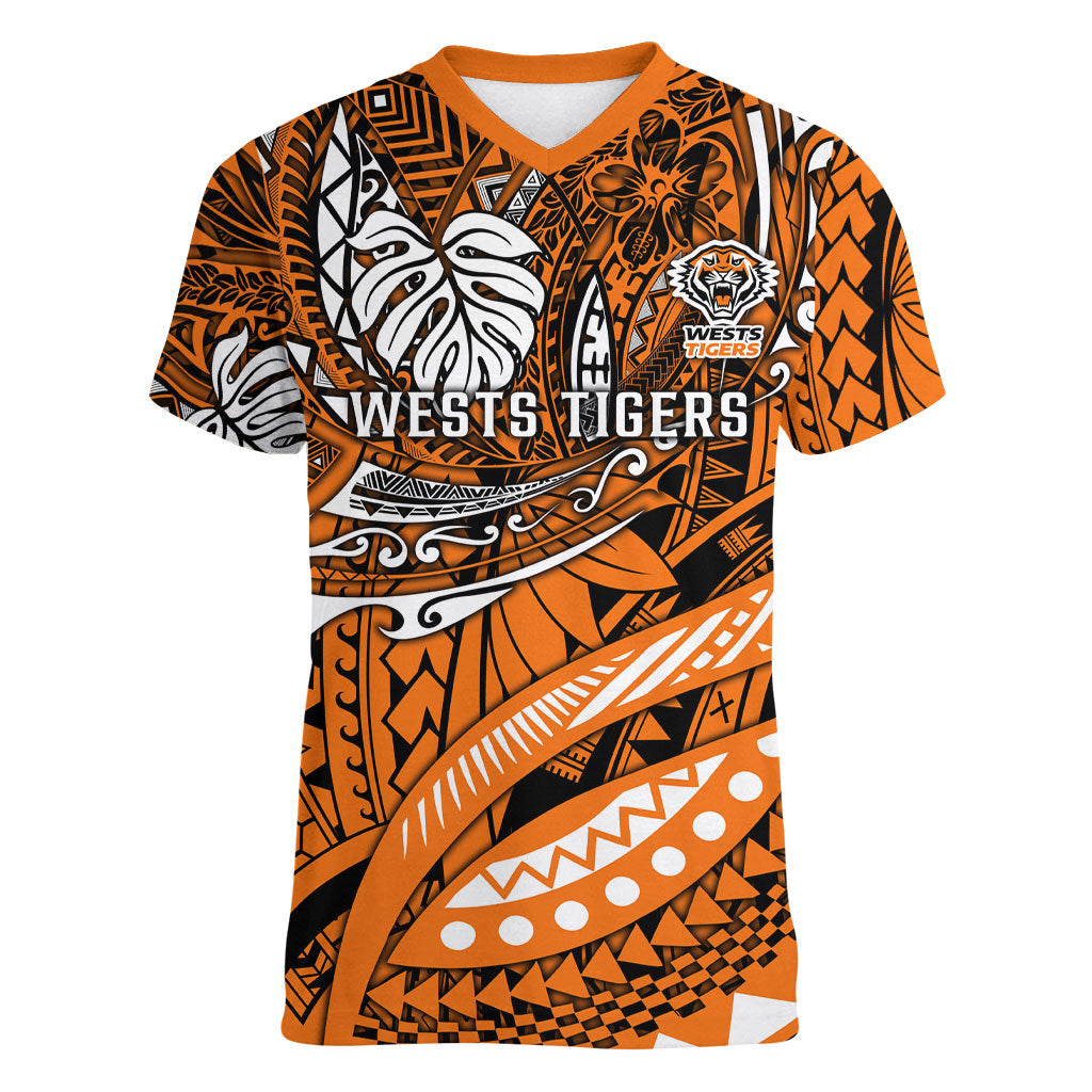 Personalised Wests Tigers Women V-Neck T-Shirt Polynesian Tribal Art Style With Powerful Tiger Mascot