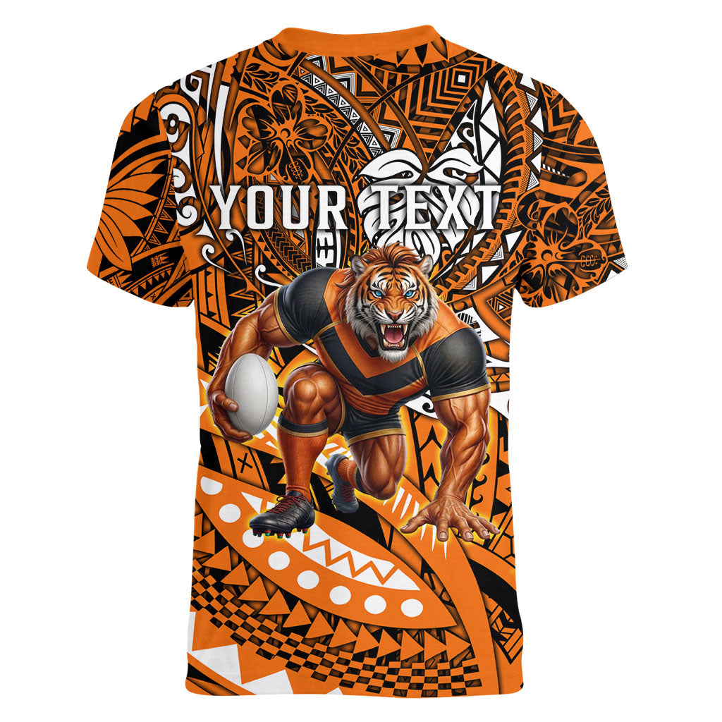 Personalised Wests Tigers Women V-Neck T-Shirt Polynesian Tribal Art Style With Powerful Tiger Mascot