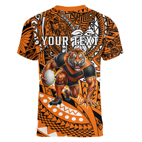 Personalised Wests Tigers Women V-Neck T-Shirt Polynesian Tribal Art Style With Powerful Tiger Mascot