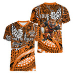 Personalised Wests Tigers Women V-Neck T-Shirt Polynesian Tribal Art Style With Powerful Tiger Mascot