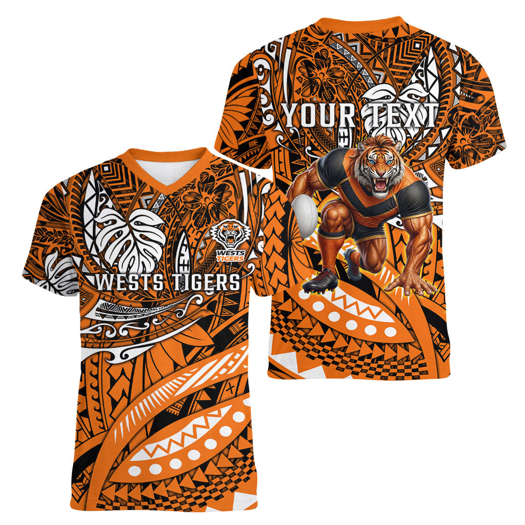 Personalised Wests Tigers Women V-Neck T-Shirt Polynesian Tribal Art Style With Powerful Tiger Mascot
