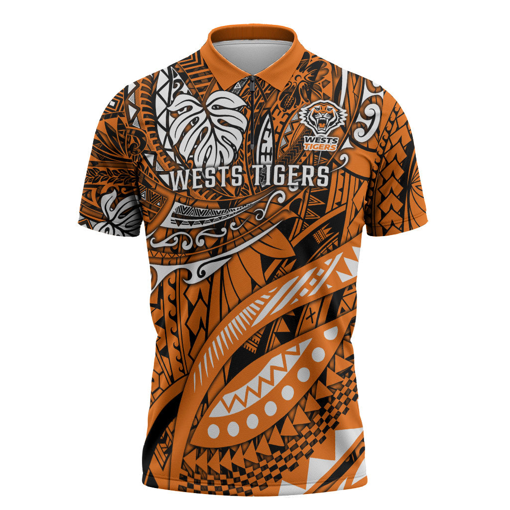 Personalised Wests Tigers Zipper Polo Shirt Polynesian Tribal Art Style With Powerful Tiger Mascot