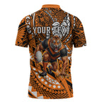 Personalised Wests Tigers Zipper Polo Shirt Polynesian Tribal Art Style With Powerful Tiger Mascot